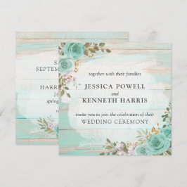 Vintage Turcoise Rustic Wood Blommigt Ro Bröllop Inbjudningar