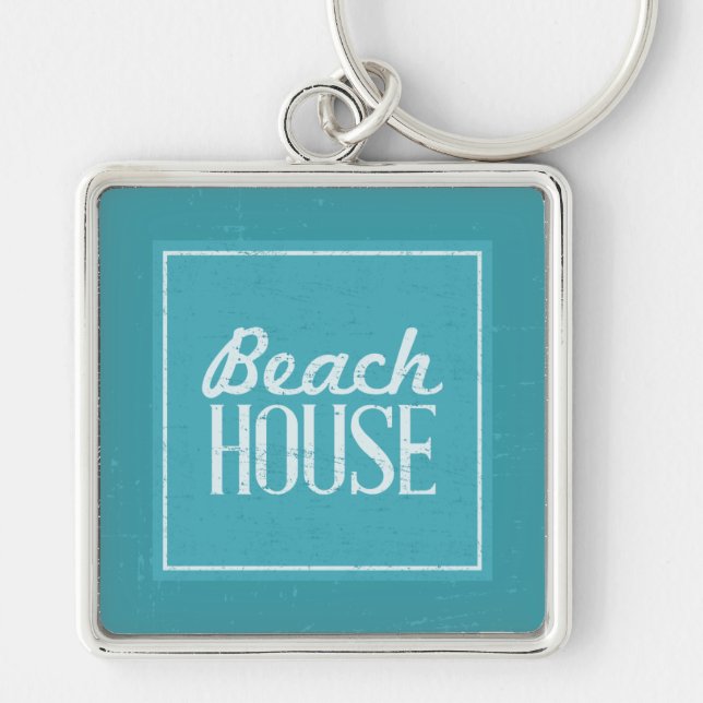 Vintage Turcos Blue Beach House Fyrkantig Silverfärgad Nyckelring (Framsidan)