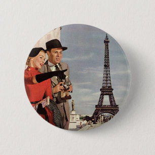 Vintage Turister som reser i Paris Eiffel Torn Knapp