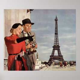 Vintage Turister som reser i Paris Eiffel Torn Poster