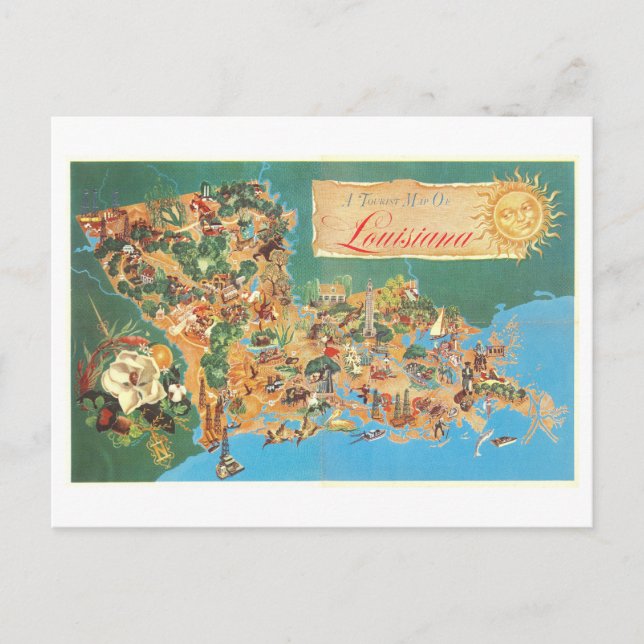 Vintage turistkarta över Louisiana Vykort (Framsida)
