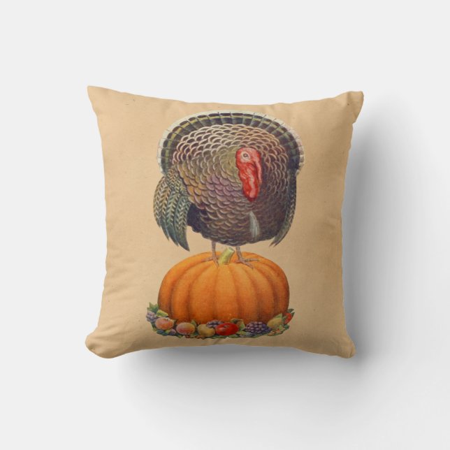 Vintage Turkey Pumpkin Thanksgiving Kudde (Framsida)