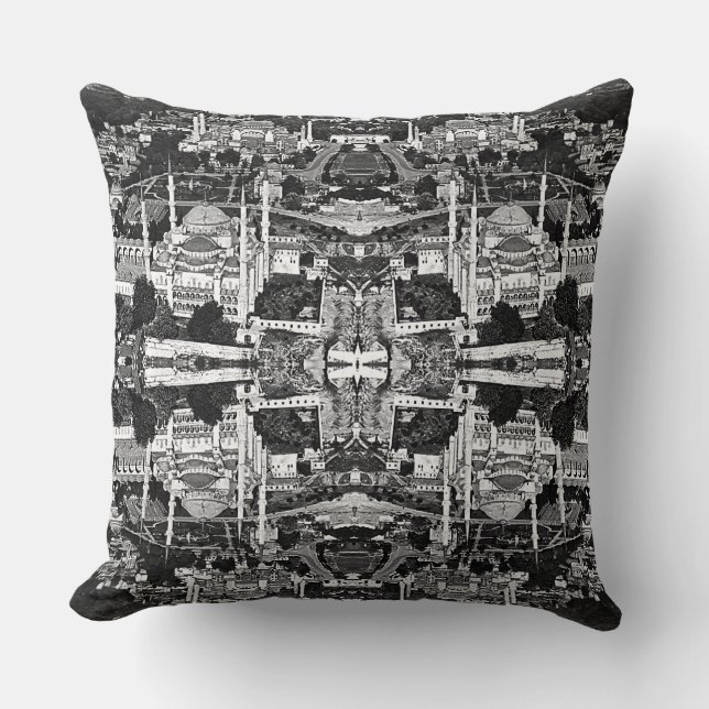 Vintage Turkiet Översikt över Istanbuls blå moské  Kudde (Framsida)