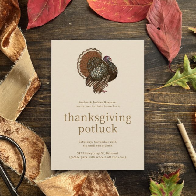 Vintage Turkiet Thanksgiving Oturinbjudan Inbjudningar (warm beige thanksgiving dinner invitation with male tom turkey prancing at the top and QR link)