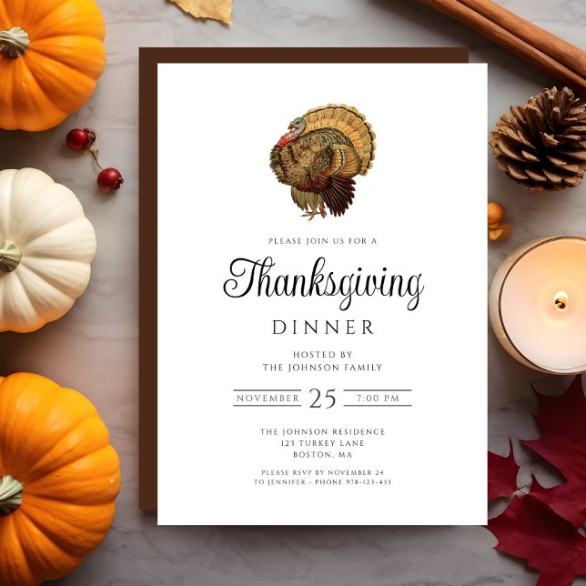 Vintage Turkiets Thanksgiving Middag Inbjudningar (Elegant Turkey Thanksgiving Dinner Invitation)