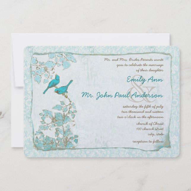 Vintage Turkos Aqua Blå Fåglar Damask Bröllop Inbjudningar (Framsida)
