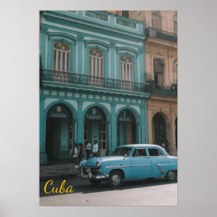 Vintage turkos klassisk bil gammal Havanna Kuba ko Poster
