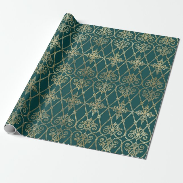 Vintage turkos och guld mönster presentpapper (Utrullad)