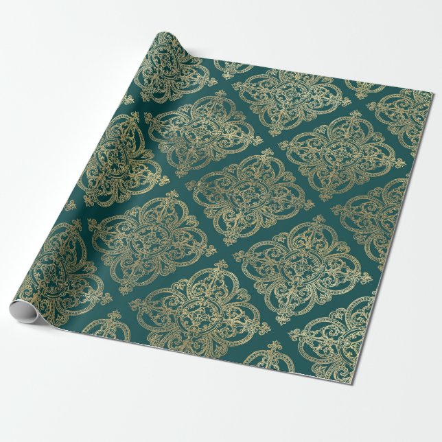 Vintage turkos och guld presentpapper (Utrullad)