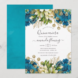 Vintage Turkos och Guld Shabby Quinceañera Inbjudningar