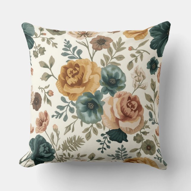 Vintage turkos och senapsgul akvarell blommönster kudde (Framsida)