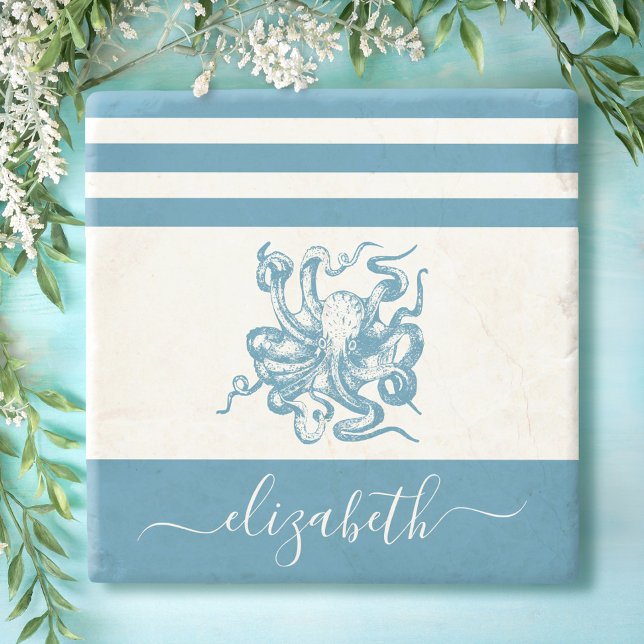 Vintage-turkos, oktopus-strandskript namn stenunderlägg (Skapare uppladdad)