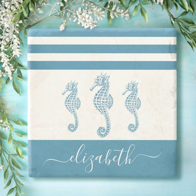 Vintage turkos Sahorse-strandhusskript namn Stenunderlägg (Skapare uppladdad)