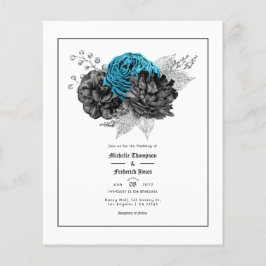Vintage Turkos - Teal Svart och Silver Blommig Flygblad