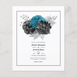 Vintage Turkos - Teal Svart och Silver Blommig Flygblad