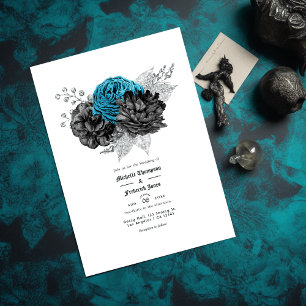 Vintage Turkos - Teal Svart och Silver Blommig Inbjudningar