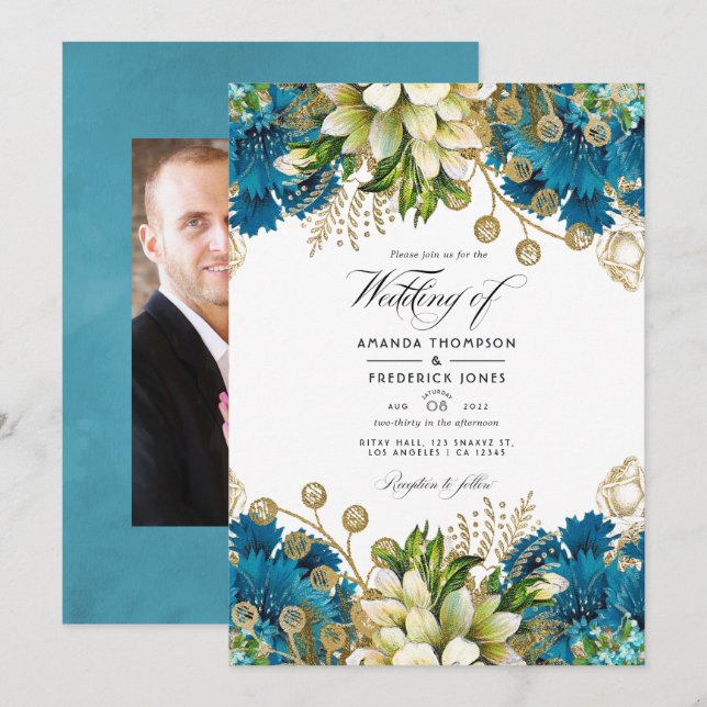 Vintage Turquise och Guld Chic Blommigt Bröllop Inbjudningar (Fram/baksida)