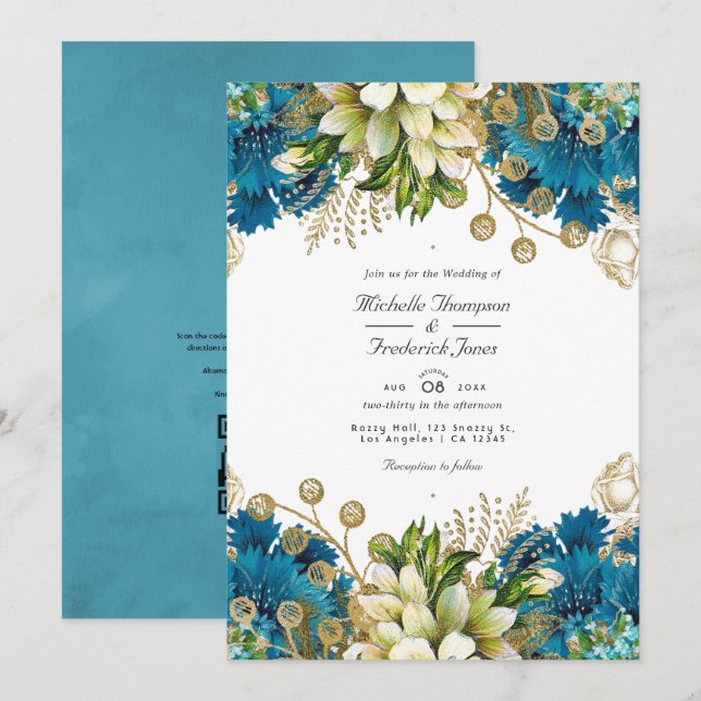 Vintage Turquoise och Guld Chic Blommig Bröllopsin Inbjudningar (Fram/baksida)