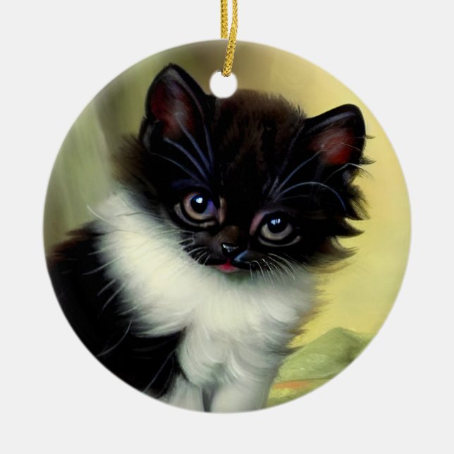 Vintage Tuxedo Kitten Illustration Julgransprydnad Keramik (Framsidan)