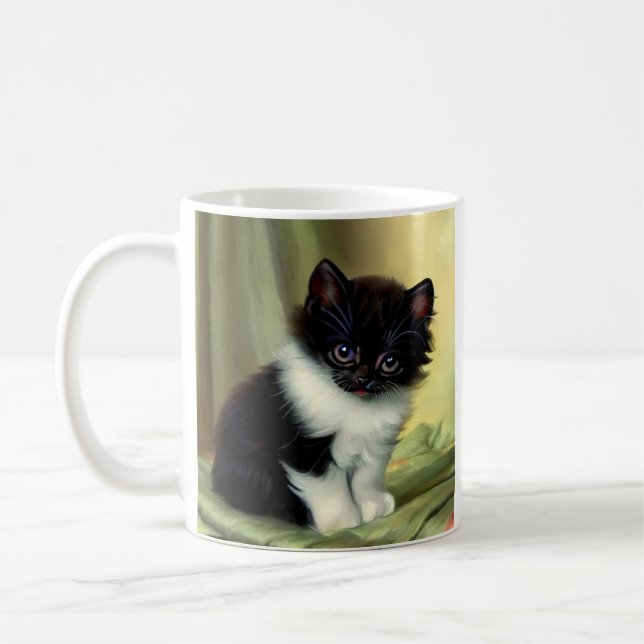 Vintage Tuxedo Kitten Illustration Kaffemugg (Vänster)