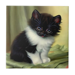 Vintage Tuxedo Kitten Illustration Kakelplatta