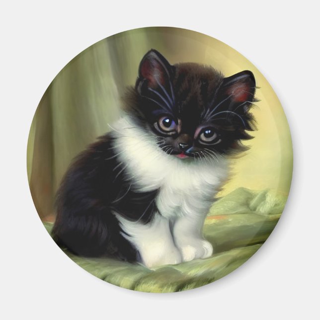 Vintage Tuxedo Kitten Illustration Magnet (Framsidan)