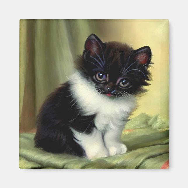 Vintage Tuxedo Kitten Illustration Magnet (Framsidan)