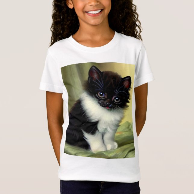 Vintage Tuxedo Kitten Illustration T Shirt (Framsida)