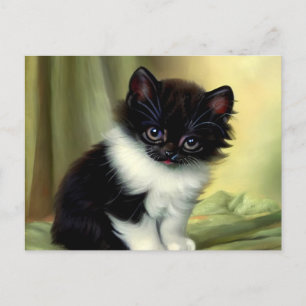 Vintage Tuxedo Kitten Illustration Vykort
