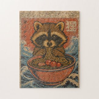 Vintage tvättbjörn som äter Ramen Japansk konst Pussel