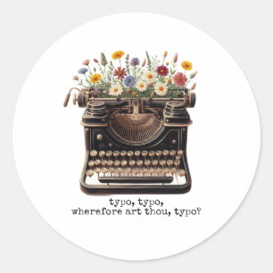Vintage Typewriter och Wildblommóround Sticker Runt Klistermärke
