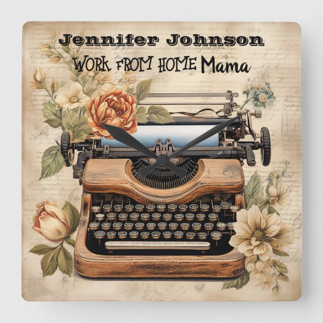 Vintage Typewriter Work from Home Mamma Wall Clock Fyrkantig Klocka (Framsida)