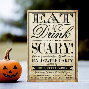Vintage Typografi, mat, dryck och skal Halloween Inbjudningar