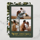 Vintage Typografi Winter-Orangar Foto jul<br><div class="desc">Det här vackra helgdag med fotokort har vintage som är formaterad med typografi och läser "God jul" i verklig folie,  tillsammans med tre fotomallar. Kortets baksida innehåller en vintage av orangar och blommar på vintern.</div>