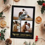 Vintage Typografi Winter-Orangar Foto jul<br><div class="desc">Det här vackra helgdag med fotokort har vintage som är formaterad med typografi och läser "God jul" i verklig folie,  tillsammans med tre fotomallar. Kortets baksida innehåller en vintage av orangar och blommar på vintern.</div>