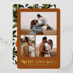 Vintage Typografi Winter-Orangar Foto jul<br><div class="desc">Det här vackra helgdag med fotokort har vintage som är formaterad med typografi och läser "God jul" i verklig folie,  tillsammans med tre fotomallar. Kortets baksida innehåller en vintage av orangar och blommar på vintern.</div>