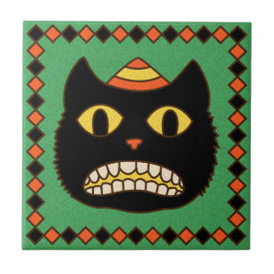 Vintage Tysk Halloween Black Cat Kakelplatta