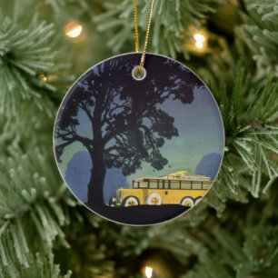 Vintage Tyskland, Gul buss på natten, Reskonst Julgransprydnad Keramik