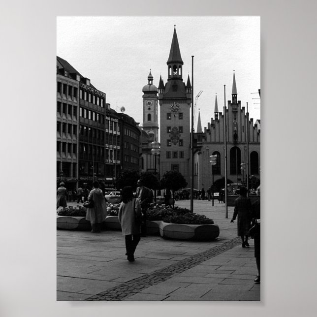 Vintage Tyskland Münchenkyrka Marienplatz Poster (Framsidan)