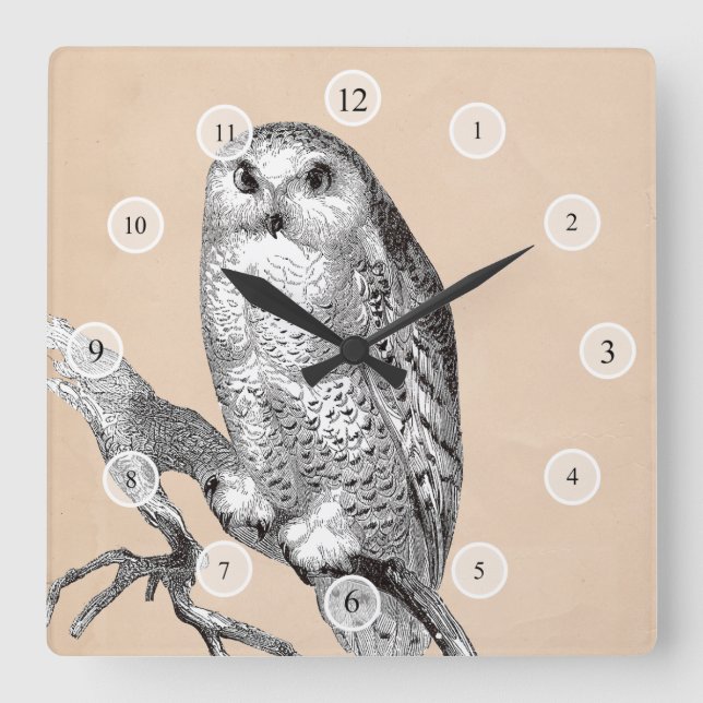 Vintage Uggla Clock Fyrkantig Klocka (Framsida)