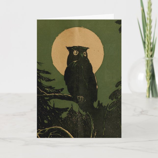 Vintage Uggla i Moonlight Halloween Art Kort (Framsida)