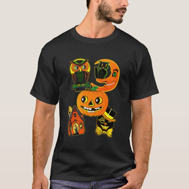 Vintage Uggla och kattpumpkin Halloween T Shirt (Framsida)
