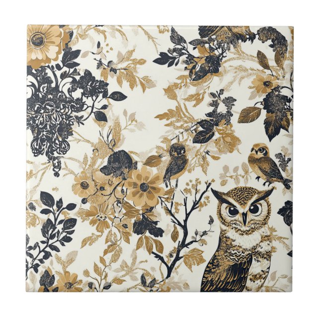 Vintage Ugglor & Blommig Botanisk Mönster (7) Kakelplatta (Framsidan)