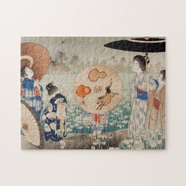 Vintage ukiyo-e dam med paraplykonst geishas pussel (Horisontell)