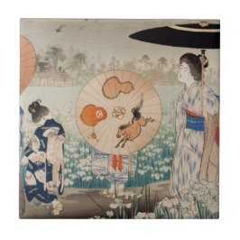 Vintage ukiyo-e japanska dam med paraplykonst kakelplatta