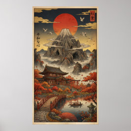 Vintage Ukiyo-e Mont Fuji höstlandskap Poster