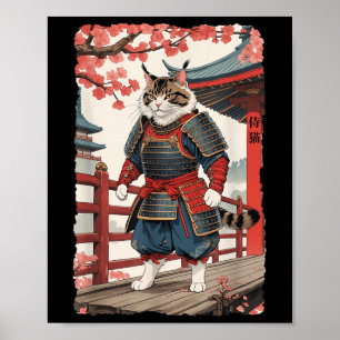 Vintage Ukiyo-e Samurai-katt i Kimono Sumi-e Ninja Poster