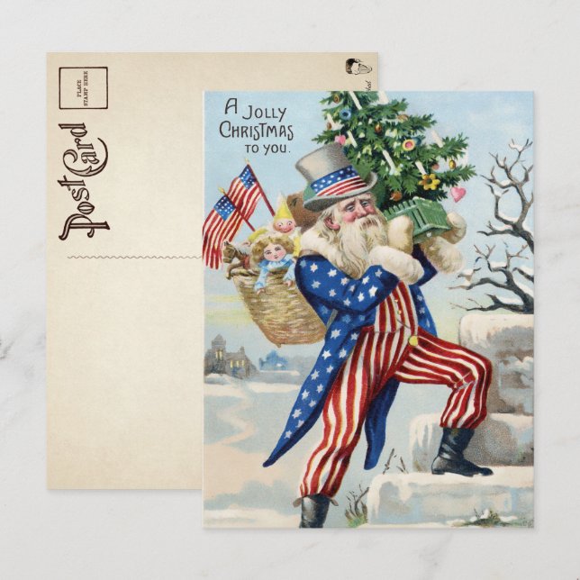 Vintage Uncle Sam Santa julpostkort Vykort (Fram/baksida)
