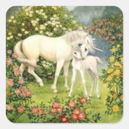 Vintage Unicorn and Foal Fyrkantigt Klistermärke