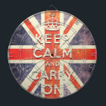 Vintage Union Jack flagga behålla lugn och fortsät Piltavla<br><div class="desc">Vintage Union Jack behålla lugn och fortsätt. Kombinera den berömd flagga jack,  den populära behållans lugn och fortsätta citatet och vintagen och använda stil. Att byta storlek har din smak.  I den här designen hänvisas till den berömd som poster under det andra Världskriget.</div>